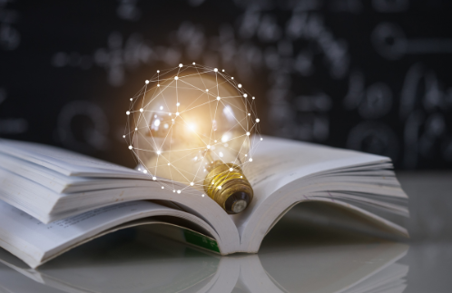 ein offenes Buch liegt auf einem Tisch, hierauf liegt eine leuchtende Glühbirne. Dies soll den Lernprozess der Finanzbildung darstellen